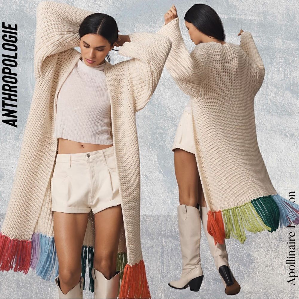 ANTHROPOLOGIE CARDI DUSTER MULTI COLORED FRINGED IN CREME NWOT OS